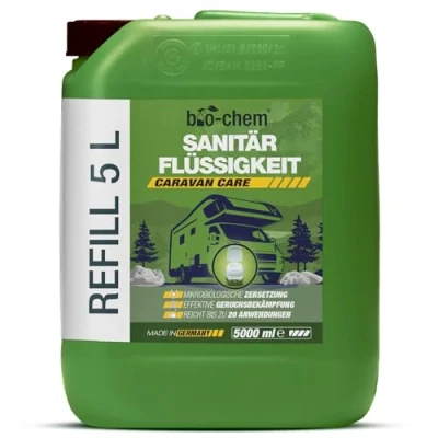 Abbildung von bio chem Sanitärflüssigkeit für Campingtoilette 5 L inkl. Dosierbecher Mikrobiologischer Toilettenzusatz hochkonzentriert Wirkt gegen Fäkalien, Papier &amp; Gerüche im Fäkalientank Made in DE