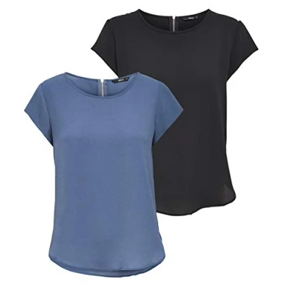Abbildung von ONLY Damen ONLVIC S/S SOLID 2 Pack TOP WVN, Black/Vintage Indigo, 34