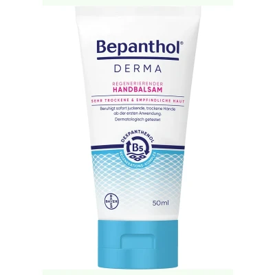 Abbildung von Bepanthol DERMA Regenerierender Handbalsam für die tägliche Pflege, beruhigt sofort juckende, trockene Hände, zieht schnell ein und spendet bis zu 48h Feuchtigkeit. Mit B5 Regenerations Komplex, 50ml
