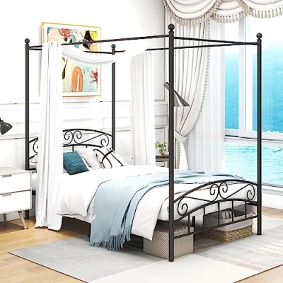 Abbildung von ARFARLY Himmelbett Bettgestell Doppelbett Metallbett Bettrahmen Lattenrost Schlafzimmerbett Schlafzimmermöbel Ehebett Schwarz 120x200cm