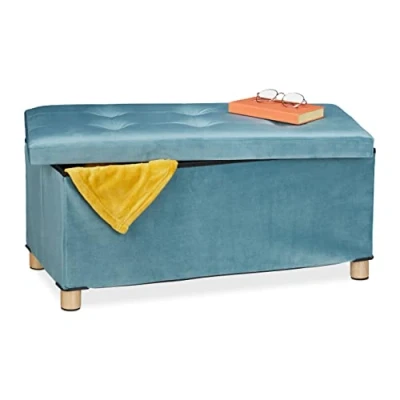 Abbildung von Relaxdays Sitzbank mit Stauraum, Polster, Samtbezug, Holzfüße, bis 120 kg, faltbar, Sitztruhe HBT: 34x76x38 cm, türkis
