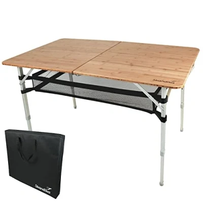 Abbildung von Skandika Bambus Campingtisch Tolja Faltbarer Tisch mit Netzablage, versch. Größen, 3 Fach höhenverstellbar, Alu, Holz, wetterfest, UV beständig Klapptisch für Camping, Garten, Balkon
