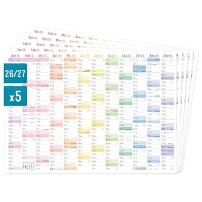 Abbildung von =Häfft® 5 x Wandkalender 2026 A4 quer &quot;Rainbow&quot; + Jahresübersicht 2027 auf der Rückseite Tafelkalender, Jahresplaner, Jahreskalender, Tischkalender mit Feiertagen nachhaltig &amp; klimafreundlich