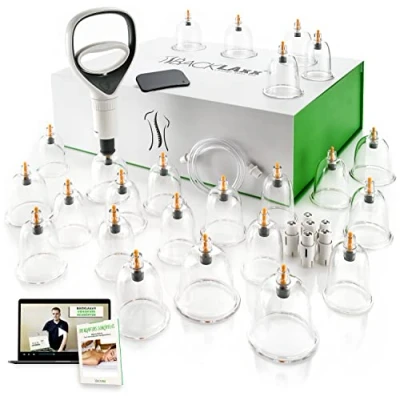 Abbildung von BACKLAxx® Massagegerät Schröpfen Set, 24x Glocken, 6x Therapiemagnete, 1x Vakuumpumpe, Faszienschaber, Schlauch, Mikrofasertuch 24 tlg., teilig