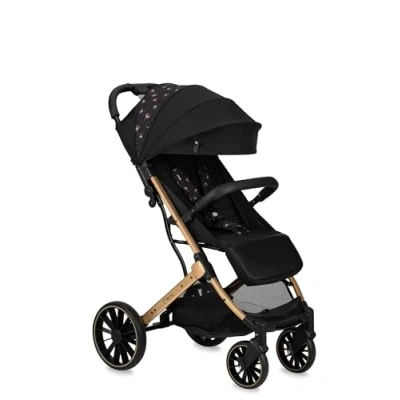 Abbildung von MoMi ESTELLE PLUS LIGHT Kinderwagen ab 6. Monat (bis 22 kg), klappbarer Buggy mit 5 Punkt Sicherheitsgurt, Einkaufskorb und Liegefunktion, Teleskop Stange zum Ziehen, steht nach dem Zusammenklappen
