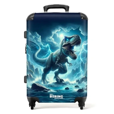 Abbildung von NoBoringSuitcases.com© Kinderkoffer Illustration eines Dinosauriers in Blautönen 67x43x25cm, 4 Rollen, Reisekoffer mit Rollen Mittelgroßer, Jungenkoffer
