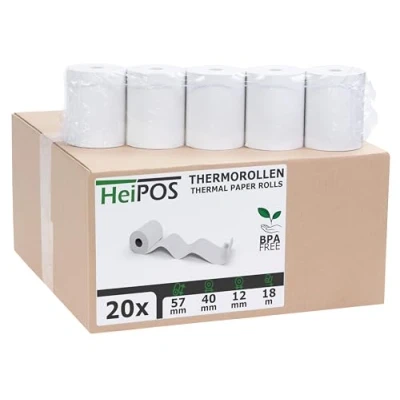 Abbildung von HeiGroup HeiPOS 20x Kassenrollen Thermorollen 57 mm x 18 m 12 55 g/m² Papier Für EC Cash, Kreditkarten Kassensysteme und mehr