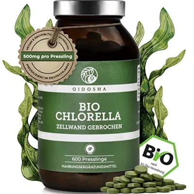 Abbildung von QIDOSHA® Bio Chlorella Presslinge, 600 Stk/Glas, 500mg je Pressling, 100% natürliches vulgaris Pulver aus kontrolliert biologischem Anbau, mit bereits aufgebrochener Zellwand