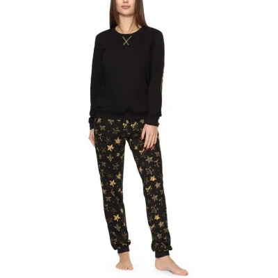 Abbildung von Merry Style Damen Lang Zweiteiliger Schlafanzug aus Baumwolle Pyjama Set Winter MS10 168 (Schwarz Gelbe Sterne, XL)