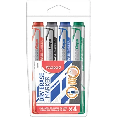 Abbildung von Maped Marker, trocken abwischbar, 4 Stück, Blau, Schwarz, Rot, Grün Rundspitze, 2 mm Weiße, Schiefer und nicht poröse Oberflächen