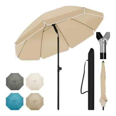 Abbildung von WOLTU Sonnenschirm Balkon φ 195 cm, Strandschirm UV beständig Wasserdicht, Höhenverstellbar, 45 knickbar, Sonnenschutz Terrasse Strand Garten, Rund, Taupe