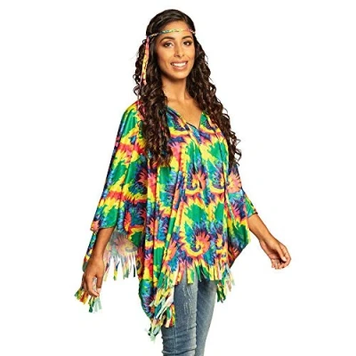Abbildung von Fun World Hippie Kostüm Batik Poncho Kostümteil für Fasching, Weiter mit Fransen und psychedelischem Aufdruck