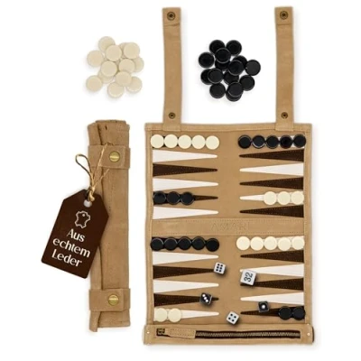 Abbildung von Amari ® Reise Backgammon aus 100% Leder Rollbares für Reisen und Unterwegs Back Gammon Hochwertig Koffer Spiel Reisespiel Reisebackgammon