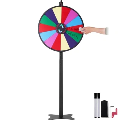 Abbildung von VEVOR 601 mm Glücksrad, Glücksrad mit 14 Fächern, Rouletterad Trocken Abwischbarem Stift &amp; 2 Markern, Drehrad Höhenverstellbar, Lucky Wheel Lotteriespiele Glücksspiele für Partys, Kneipen