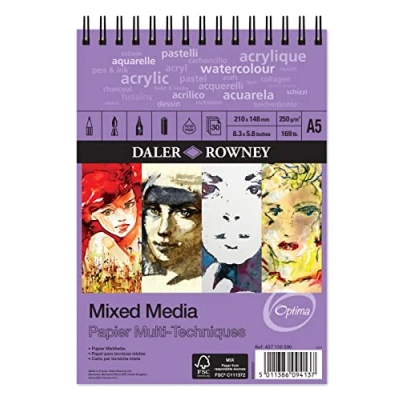 Abbildung von Daler Rowney Optima Spiralblock, leicht strukturiert, 250 g/m², A5, 30 weiße Blätter, ideal für professionelle Künstler und Studenten