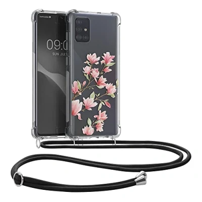 Abbildung von kwmobile Necklace Case kompatibel mit Samsung Galaxy A71 Hülle Silikon Cover Handykette Rosa Weiß Transparent Magnolien