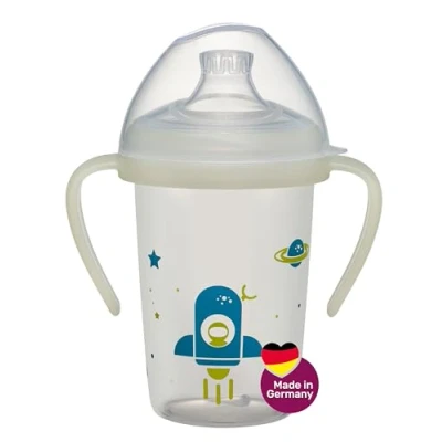 Abbildung von NIP Trinklernflasche Day&amp;Night: auslaufsicherer Trinkbecher mit Griff &amp; weichem Trinkschnabel, leuchtet im Dunkeln, ab 6 Monaten, 270 ml, BPA frei, Rakete