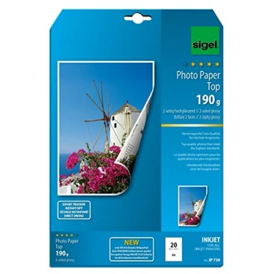 Abbildung von Sigel IP720 InkJet Fotopapier Top, A4, 20 Blatt, 2seitig hochglänzend, hochweiß, beidseitig bedruckbar, 190 g