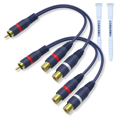 Abbildung von YIMATEECO Cinch Splitter Kabel RCA Y Adapter für Subwoofer Lautsprecher Heimkino, 1 Stecker zu 2 Buchse R C A Adapter, JACK AV Audio (15cm, 2Stü, Blau)