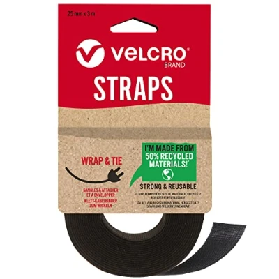 Abbildung von Velcro Marke Eco One Wrap Wiederverwendbare Gurte, wiederverwendbar, flexibel und vielseitig, Allzweckbänder für Heimwerker, schwarz, 25 mm x 3 m