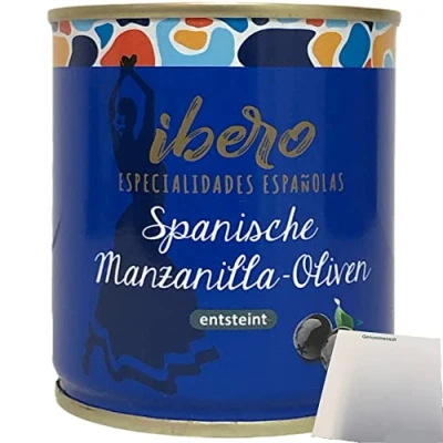 Abbildung von Ibero spanische schwarze Manzanilla Oliven entsteint 1er Pack (1x200g Dose) + usy Block