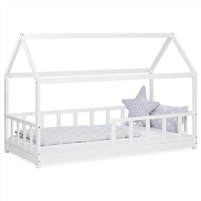 Abbildung von Homestyle4u Kinderbett 90x200 cm Hausbett Holzbett Bodenbett Rausfallschutz Weiß mit Dach (inkl. Lattenrost)
