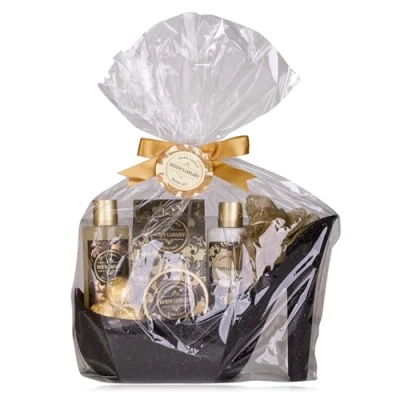 Abbildung von Accentra Luxury Badeset Geschenkset in wunderschönem schwarzen Glitzer Pumps, 9 teiliges Luxus Beautyset Pflegeset Duschset für ein entspanntes SPA Erlebnis