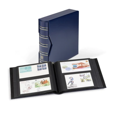 Abbildung von Leuchtturm, Postkarten, Album DL (gebunden) für 200 Karten (243x133 mm.) mit 50 Blätter, inkl. Schutzkassette Blau Abm: 305x320x97 mm. pro Stk.