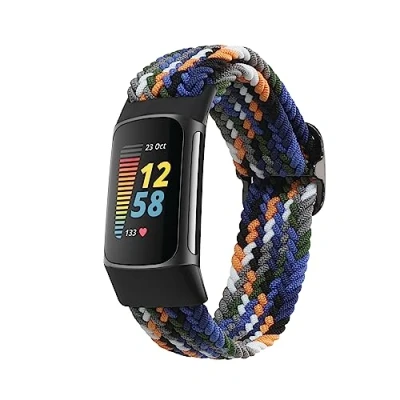 Abbildung von kwmobile Armband kompatibel mit Fitbit Charge 5 Nylon Fitnesstracker Sportarmband Band in Dunkelblau Gelb Grau Innenmaße von