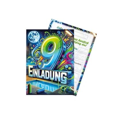 Abbildung von LIMONIA Einladungskarten Graffiti zum Kindergeburtstag Mädchen Jungen Einladungen neon, 9. Geburtstag mit Motiv