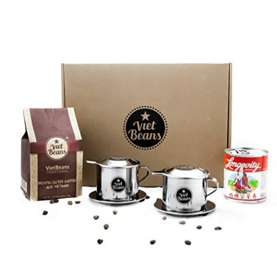Abbildung von VietBeans Geschenkset &quot;Frühstück zu zweit&quot; Kaffeegeschenk 250g gemahlener Traditional + 2 x Edelstahlfilter (Phin) gez. Kondensmilch Kaffee Geschenk für Kaffeeliebhaber