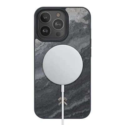 Abbildung von Woodcessories Magnetisches Bumper Case kompatibel mit iPhone 14 Pro Max Hülle Magnet aus Stein, Camo Grau