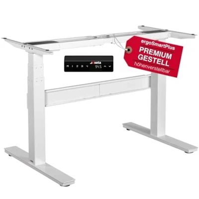 Abbildung von Exeta ergoSMARTPLUS höhenverstellbarer Schreibtisch elektrisch 64,5 129,5cm in weiß I Gestell höhenverstellbar mit 2 Motoren Tisch 3 Fach Teleskop