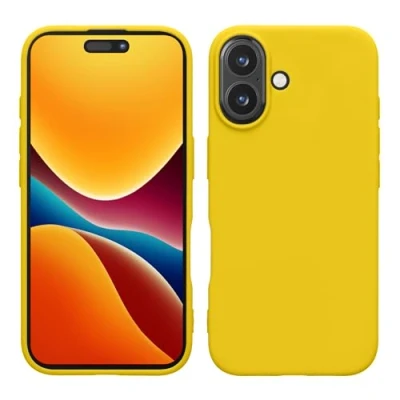 Abbildung von kwmobile Hülle kompatibel mit Apple iPhone 16 weiches TPU Silikon Case Cover geeignet für kabelloses Laden Strahlend Gelb