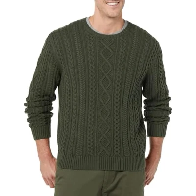Abbildung von Amazon Essentials Herren Pullover mit Langen Ärmeln und Rundhalsausschnitt aus 100% Baumwolle Zopfmuster, Dunkles Olivgrün, M