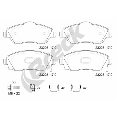Abbildung von BRECK 23225 00 702 10 Bremsbelagsatz mit Radbefestigungsbolzen Zubehör OPEL: Meriva A, Corsa C Schrägheck, Tigra Twintop