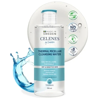 Abbildung von Celenes by Sweden Fortschrittliches Thermisches Mizellen Reinigungswasser für Trockene und Empfindliche Haut, Beruhigende Bisabolol Formel, Sanfter Make up Entferner, Umweltfreundlich, 250ml