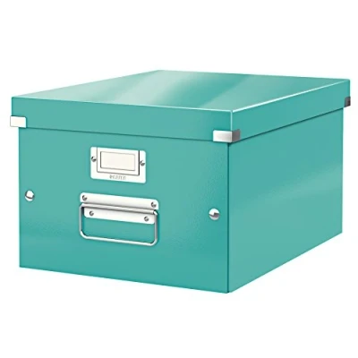 Abbildung von Leitz Click &amp; Store Aufbewahrungsbox mit Deckel Mittel Groß, Box für Unterlagen bis A4 im Büro u. Haushalt, Transportbox aus 85 % recycelter Premium Hartpappe, Stabile Metallgriffe, Eisblau, 60440051