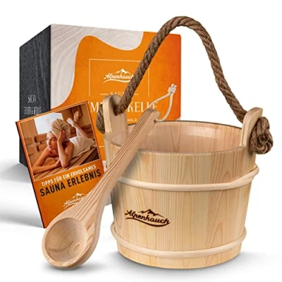 Abbildung von Alpenhauch Aufgusskübel mit Kelle [100% Naturholz] in 2 Ausführungen mit, 4,50 l, Hanftragseil, langlebig, hitzebeständig, inkl. Sauna Büchlein
