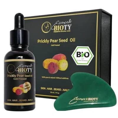 Abbildung von Kaktusfeigenkernöl Bio 30ml 100% Rein, Natürlich, Kaltgepresst Anti Aging Pflege für Gesicht, Körper, Haare, Nägel Vegan, Cruelty Free, Prickly Pear Seed Oil, GRATIS Jade Gua Sha Massagestein!