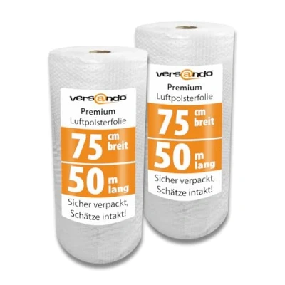 Abbildung von versando 2x Premium Luftpolsterfolie 50m x 0,75m Versand, Verpackung, Umzug Noppenfolie Bubble Wrap LPF Rolle