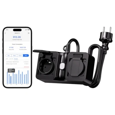 Abbildung von Meross Smart Steckdose mit Stromverbrauch, WLAN Outdoor Stromzähler für Balkonkraftwerk Außensteckdose wasserdichte IP44, funktioniert HomeKit, Alexa und Google, 16A 1.5m