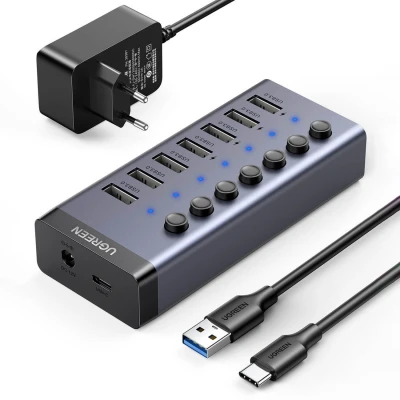 Abbildung von UGREEN USB Hub 7 Port mit Unabhängigem Schalter und 24W Netzteil (12V/ 2A) 3.0 Aktiver zur Ladung Datenübertragug Aluminiumgehäuse kompatibel MacBook, Surface Pro7 Anderen Laptops