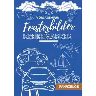 Abbildung von Vorlagen für Fensterbilder mit Kreidemarker: Fahrzeuge, Autos, Busse, Bagger, Baufahrzeuge, Flugzeuge, Schiffe, Boote, Fahrräder, XXL