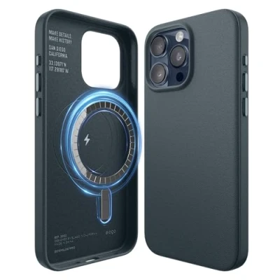 Abbildung von elago Magnetische Lederhülle Kompatibel mit iPhone 15 Pro Max Hülle, MagSafe, Premium Veganes PU Leder, Integrierte Starke Magnete, Rundumschutz [5 Lagen Struktur] (Blau)