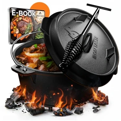 Abbildung von IRON TASTE Dutch Oven Set 12L Eingebrannter 12 Liter Feuertopf Gusseiserner Topf mit Füßen &amp; praktischem Deckelheber