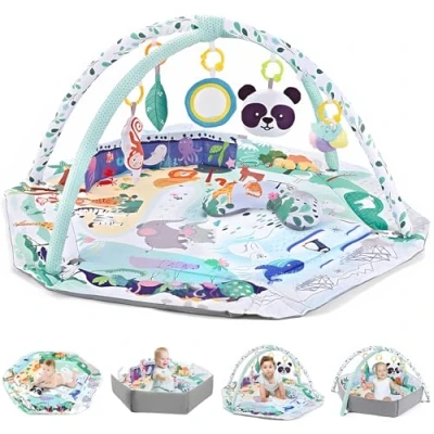 Abbildung von TFDER 8 in 1 Baby Spieldecke mit Spielbogen, Multifunktionsspielbogen für Neugeborene Bällebad,18 Bällen und 7 abnehmbaren sensorischen Spielzeugen, Krabbeldecken Babys ab 0+ Monaten(Grün)