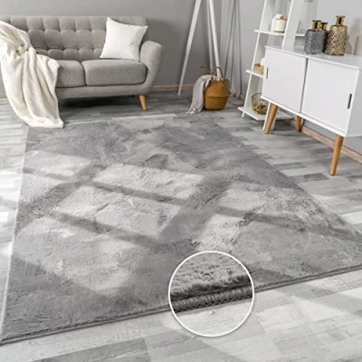 Abbildung von Paco Home Hochflor Teppich Wohnzimmer Flauschig Fellteppich Kunstfell Plüsch Shaggy Weich Fellimitat, Grösse: 120x160 cm, Farbe: Anthrazit