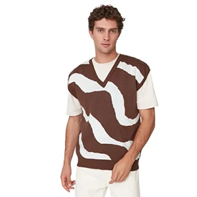 Abbildung von TRENDYOL Herren V neck Colorblock Fitted Vest Sweater, Braun, L EU