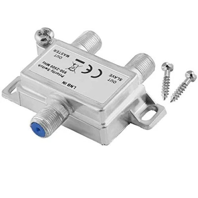 Abbildung von BestPlug Digital Sat Vorrang Schalter Umschalter Verteiler für Satelliten Anlagen, IN: 1 LNB Anschluss Out: 2 Receiver Anschlüsse, geeignet 3D SD HD FullHD UHD 4K, Metallausführung
